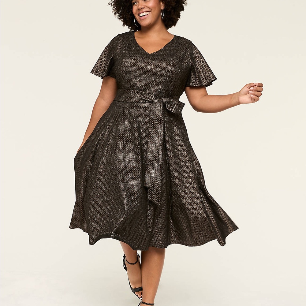 Chic Metallic  Lane Bryant Midi Dress with Belt